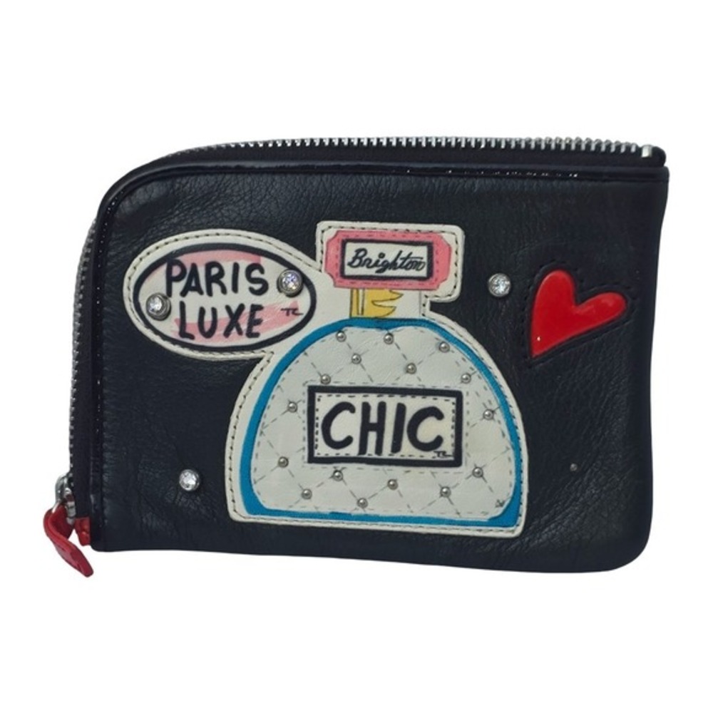 Brighton Wristlet Wallet Black Leather Zip Closure Perfume‎ Applique